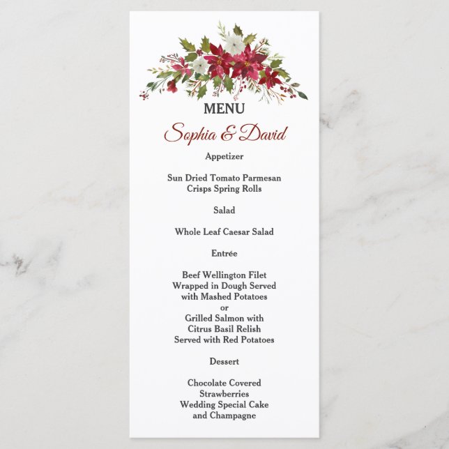 Menu de mariage Poinsettia Rouge Blanc Noël (Devant)