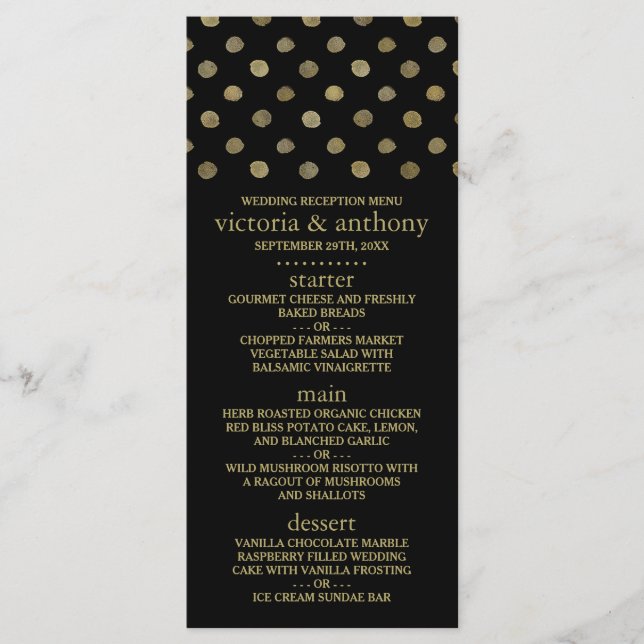 Menu de Mariage Pois Black & Gold moderne (Devant)
