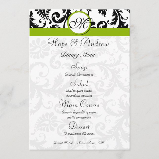 Menu de mariage pomme verte tourbillonnante damas  (Devant)