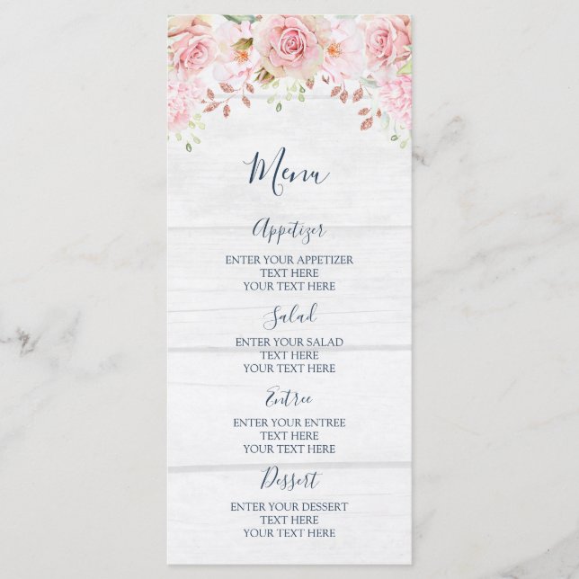 Menu de mariage printanier aux fleurs roses rustiq (Devant)