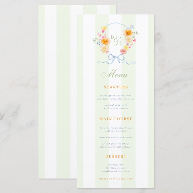 Menu de mariage printanier avec rayures vertes et  (Devant / Derrière)