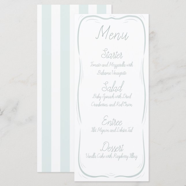 Menu de mariage rayé avec bordure vert mousse de m (Devant / Derrière)