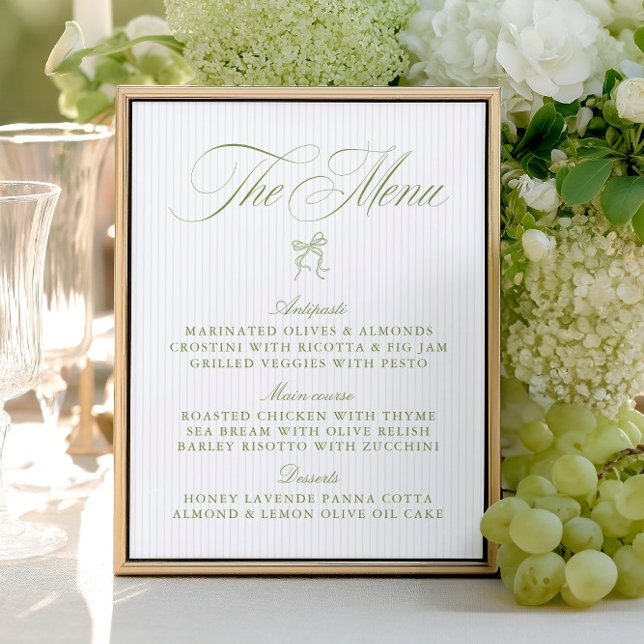 Menu de mariage rayé classique vert sauge et bleu (Classic Sage Green & Blue Striped Wedding Menu)