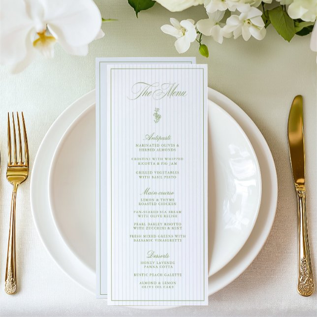 Menu de mariage rayé classique vert sauge et bleu (Classic Sage Green & Blue Striped Wedding Menu)