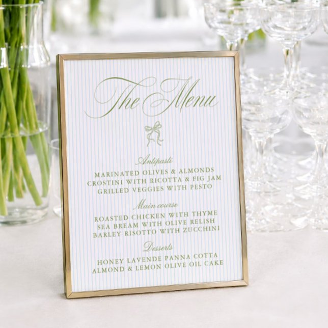 Menu de mariage rayé vert sauge et bleu classique (Classic Sage Green & Blue Striped Wedding Menu)