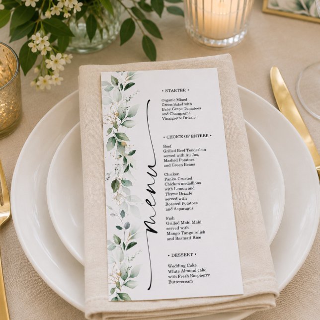 Menu de mariage recto-verso à aquarelle et verdure (Créateur téléchargé)
