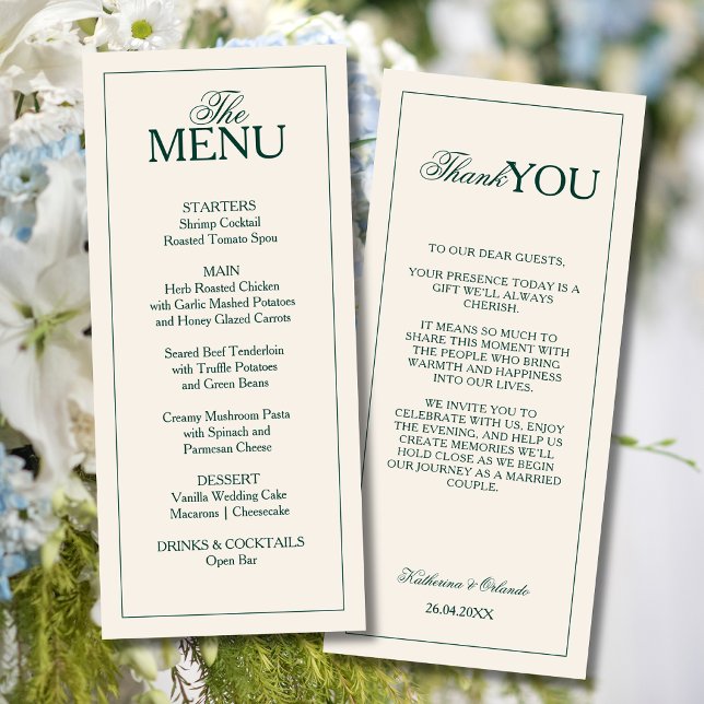 Menu de mariage remerciement Emerald Formal Old Mo (Créateur téléchargé)