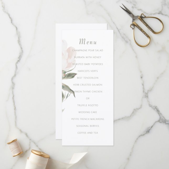 Menu de mariage romantique aux pivoines rose tendr (Devant/Arrière en situation)