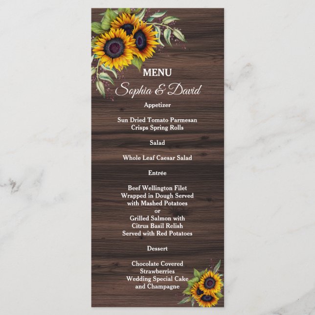Menu de mariage romantique aux tournesols sur bois (Devant)