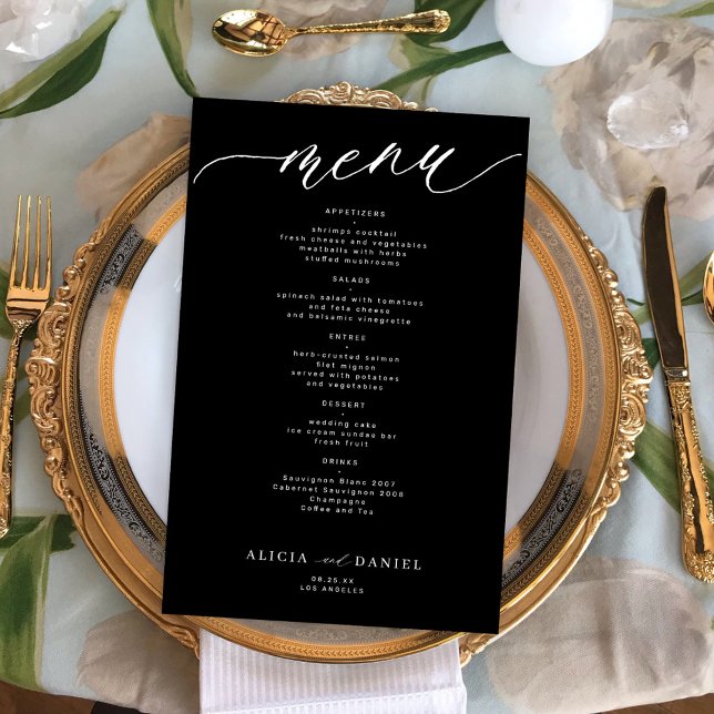 Menu de mariage romantique blanc et noir à budget (Créateur téléchargé)