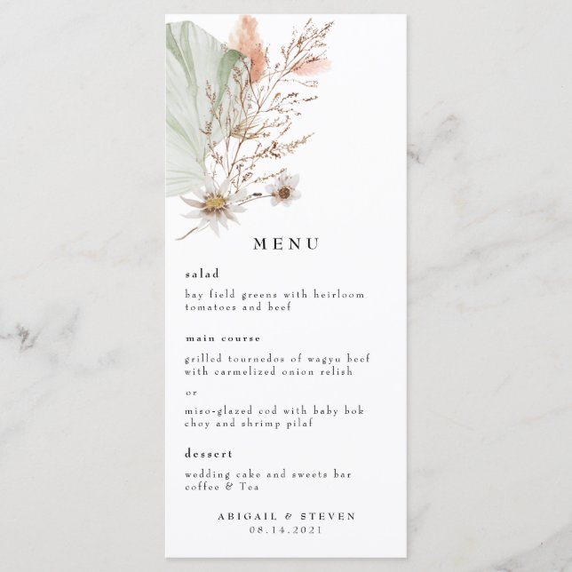 Menu de mariage romantique bohème avec herbe de Pa (Devant)