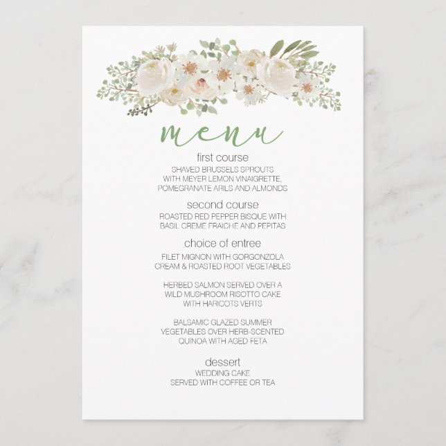 Menu de mariage romantique élégant à fleurs blanch (Devant)
