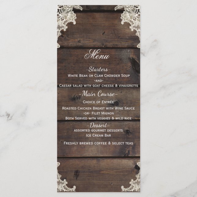 Menu de mariage romantique Rustic Wood & Lace Barn (Devant)