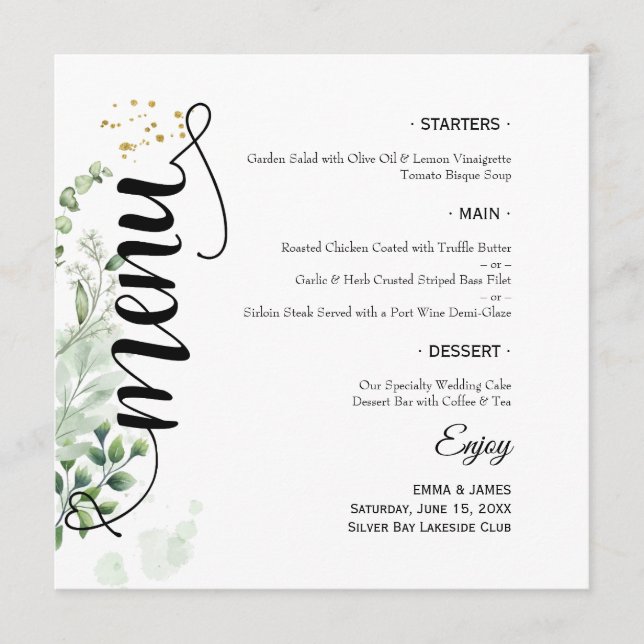 Menu de mariage rond et plat à écriture élégante e (Devant)