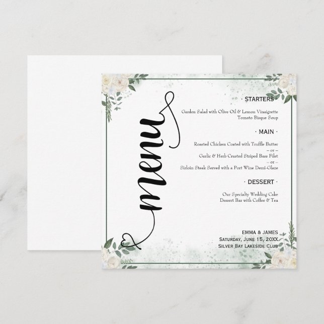 Menu de mariage rond et plat à écriture élégante e (Devant / Derrière)