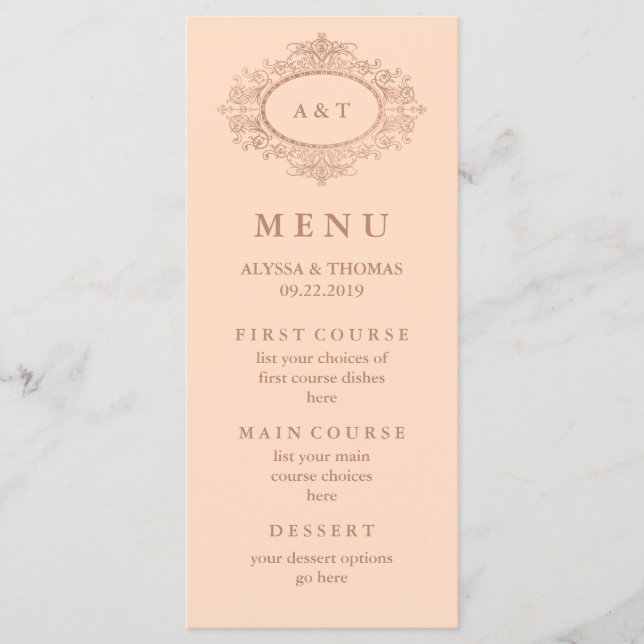 Menu de mariage rose blush et or rose faux glamour (Devant)