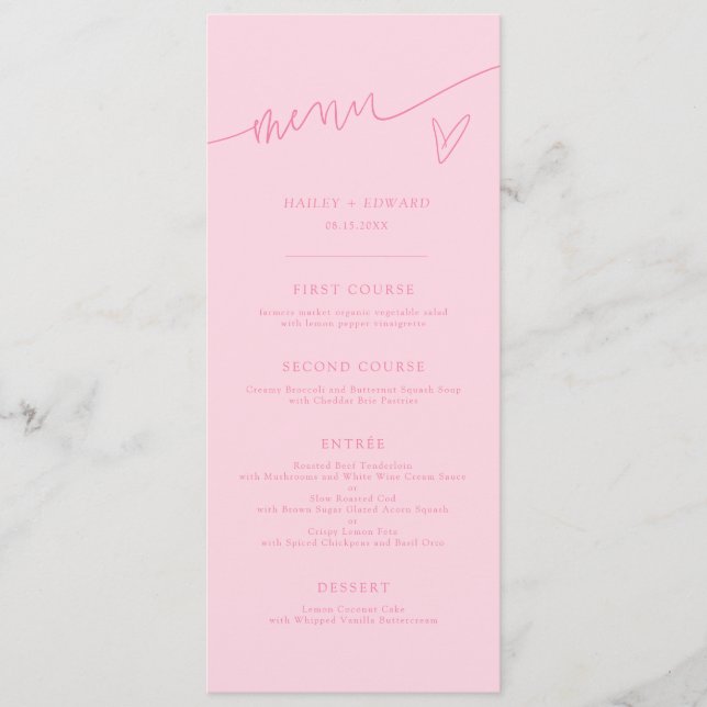 Menu de mariage rose écriture moderne (Devant)
