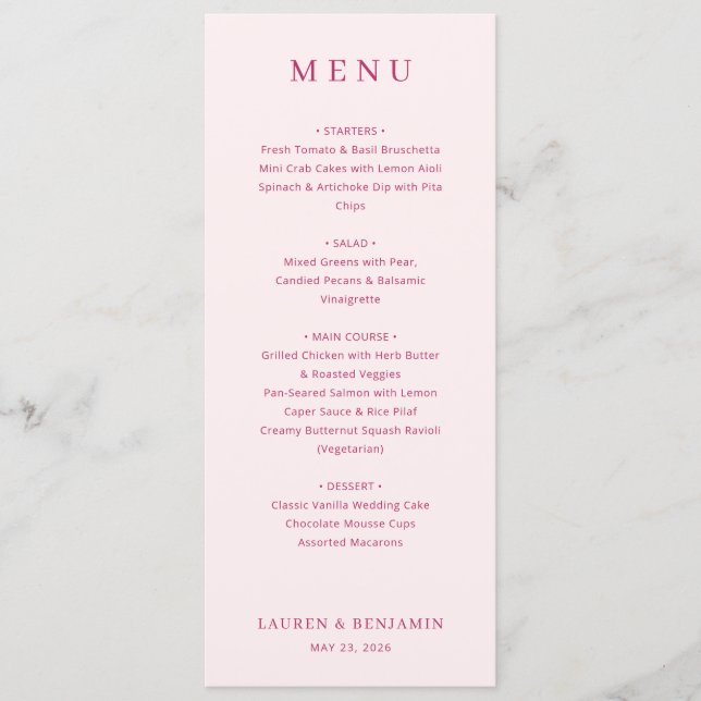 Menu de mariage rose élégant avec serif (Devant)