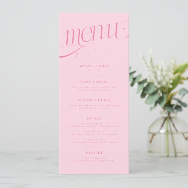 Menu de mariage rose en spirale élégant (Debout devant)