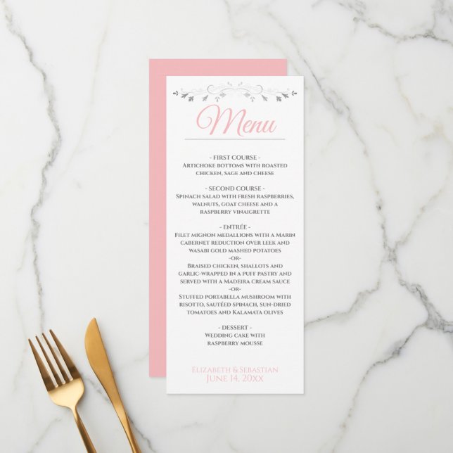 Menu de mariage rose et gris simple et élégant (Devant/Arrière en situation)