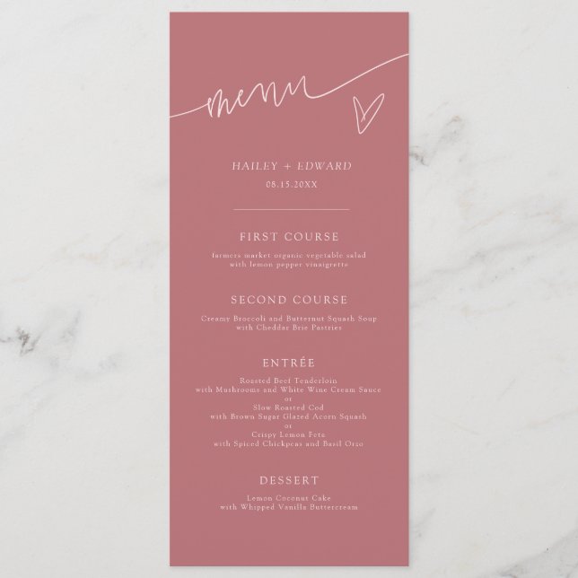 Menu de mariage rose poudré écriture moderne (Devant)