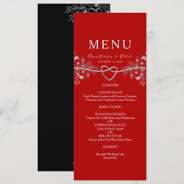 Menu de mariage rouge élégant (Devant / Derrière)