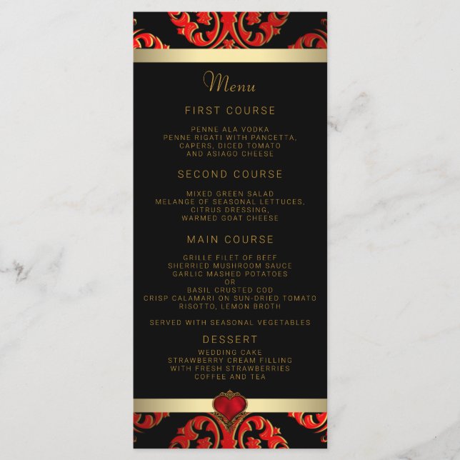 Menu de mariage rouge noir et or (Devant)