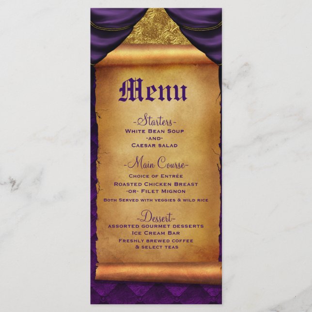 Menu de mariage Rouleau de rideaux dorés pourpre r (Devant)