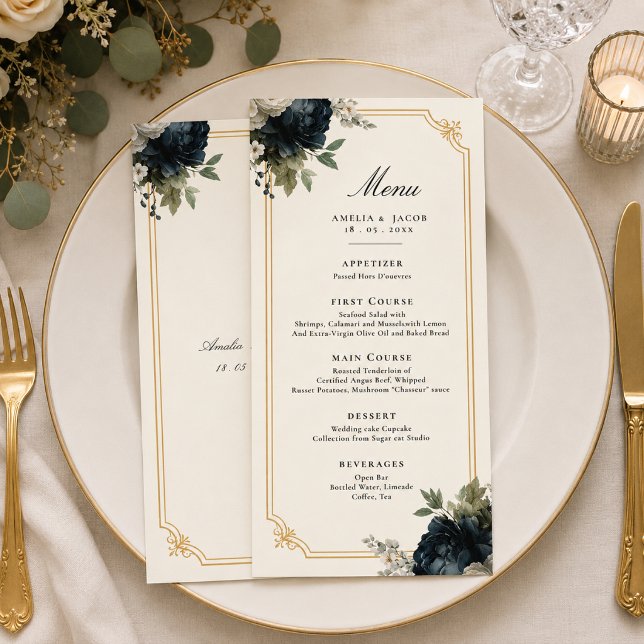 Menu de mariage Royal Blue Peony avec détails de c (Blue Peony Wedding with Gold Frame)