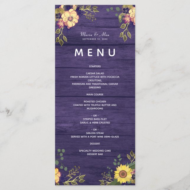 Menu de mariage rustique aux fleurs violettes (Devant)