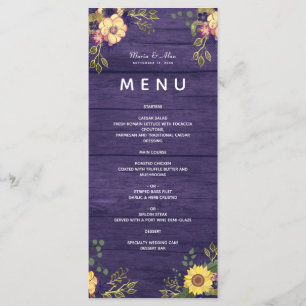 Menu de mariage rustique aux fleurs violettes
