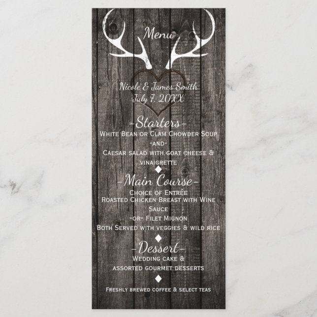 Menu de mariage Rustique bois de cerf et cœur scul (Devant)
