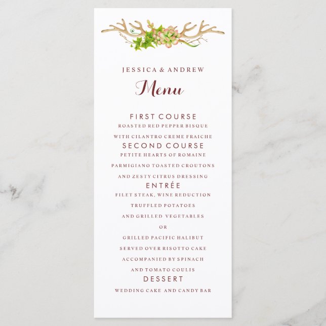 Menu de mariage Rustique Bois de Cerf & Fleurs sau (Devant)