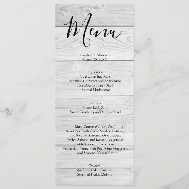 Menu de mariage rustique chic en bois blanc (Devant)