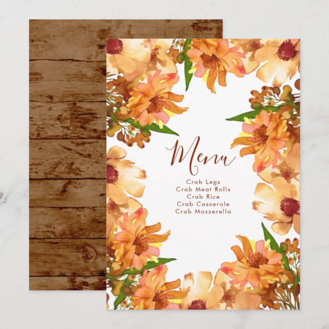 Menu de mariage rustique d'automne Tombez amoureux (Devant / Derrière)