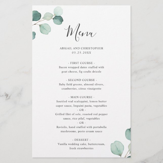 Menu de mariage rustique élégant au eucalyptus sim (Devant)