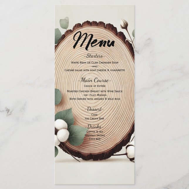 Menu de mariage rustique en bois de forêt eucalypt (Devant)