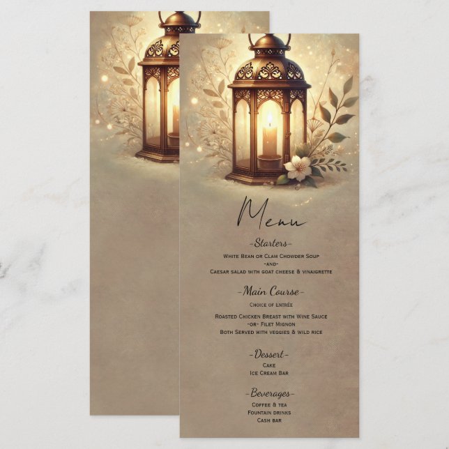 Menu de mariage rustique Lanterne Bronze Lumineuse (Devant / Derrière)
