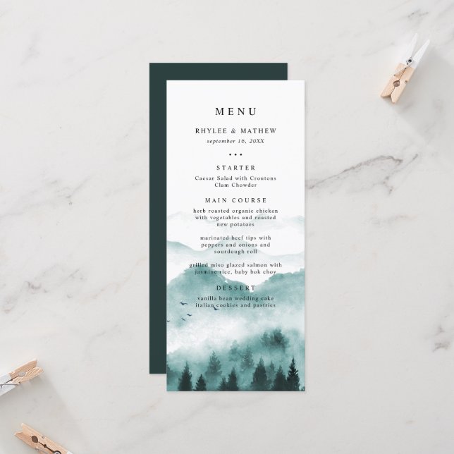 Menu de mariage Rustique Montagne Pin (Devant/Arrière en situation)