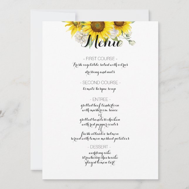 Menu de mariage rustique rose blanche tournesol (Devant)