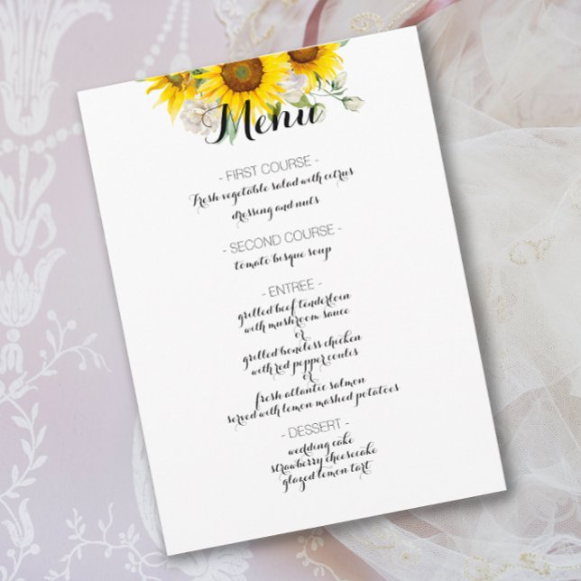 Menu de mariage rustique rose blanche tournesol (Créateur téléchargé)