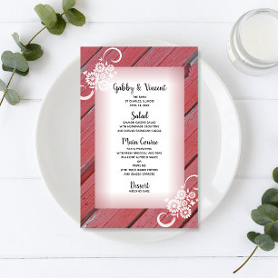 Menu de mariage Rustique Rouge Grange Bois Fleurs