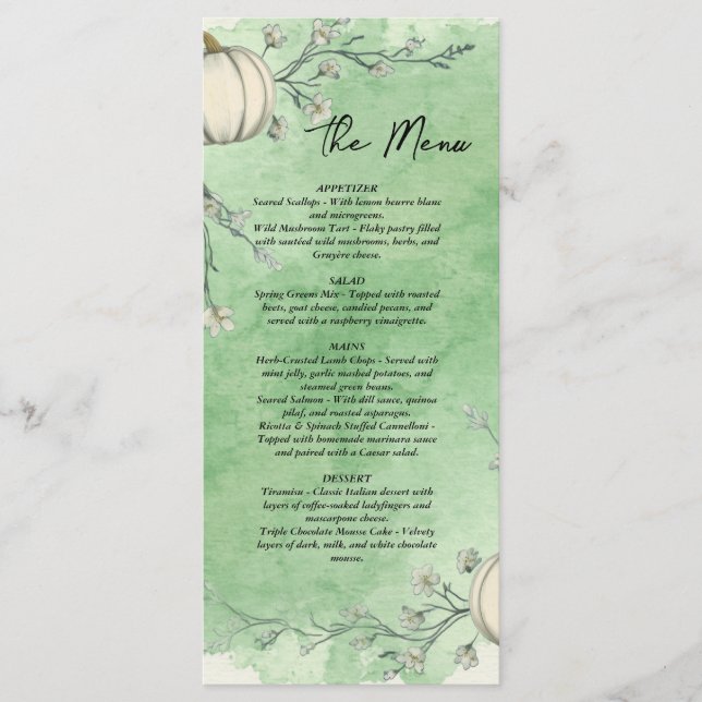 Menu de mariage Rustique Vert Automne Citrouille (Devant)
