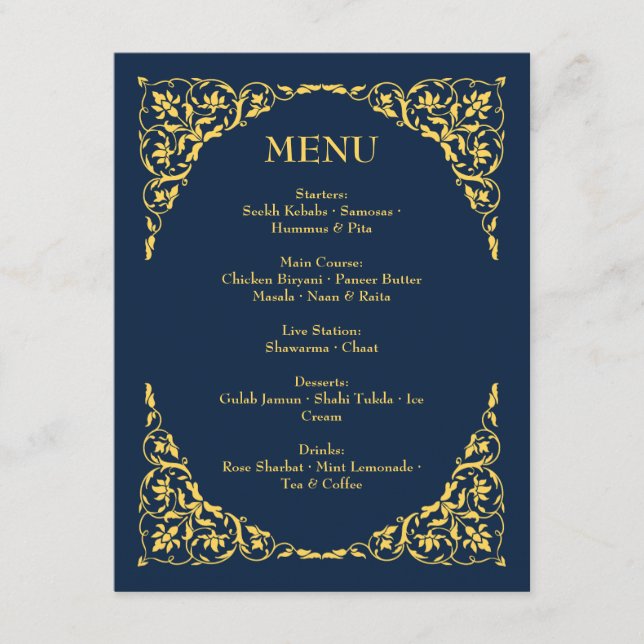 Menu de mariage Sapphire Grace Royal Blue et Or (Devant)