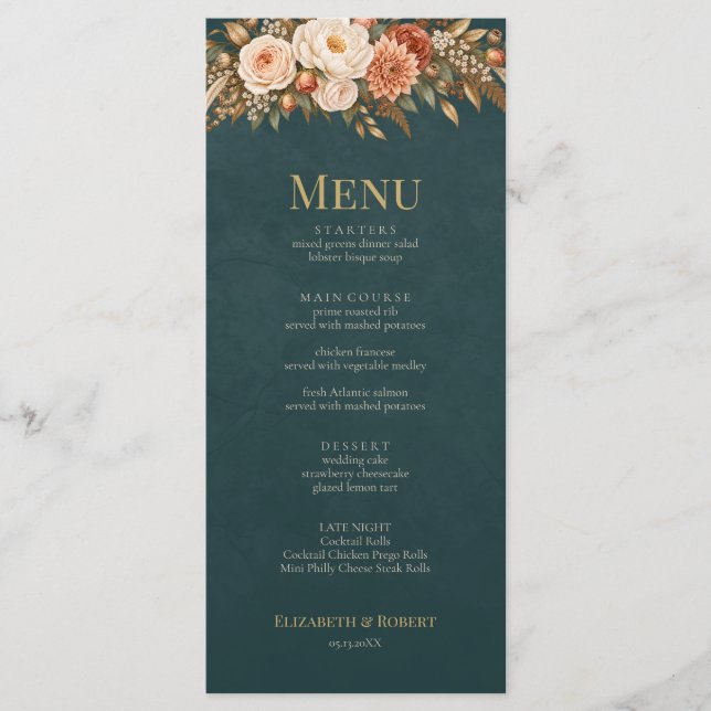 Menu de mariage sarcelle Sorcière de la forêt d'ét (Devant)