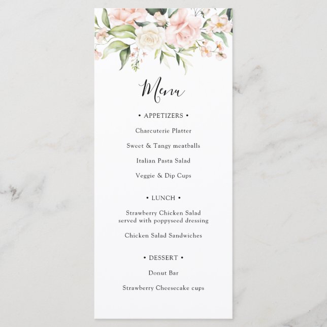 Menu de mariage Shower Blush et verdure (Devant)