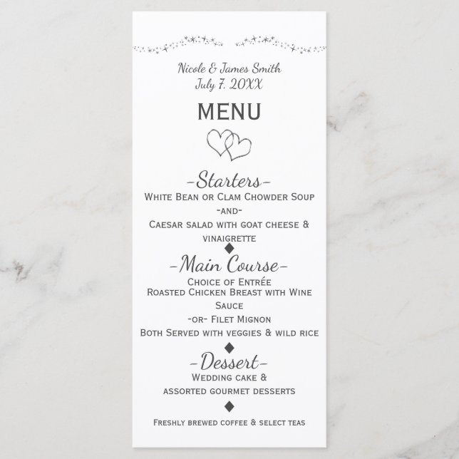 Menu de mariage Silver Hearts & Sparkle Glamour (Devant)