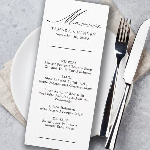 Menu de mariage simple calligraphie noir et blanc
