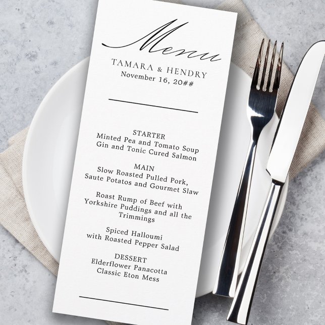 Menu de mariage simple calligraphie noir et blanc (Créateur téléchargé)