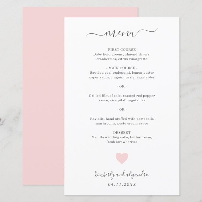 Menu de mariage simple Cœur rose mignon (Devant / Derrière)